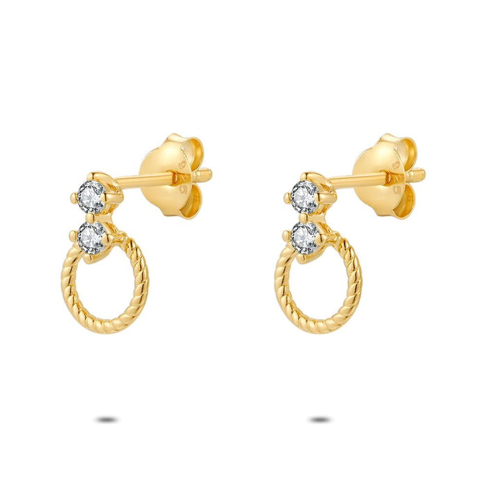 18Ct Gold Plated Silver Earrings, Gold-Coloured, Twisted Ring, 2 Zirconia