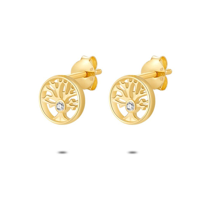 18Ct Gold Plated Silver Earrings, Gold-Coloured, Tree Of Life With Zirconia