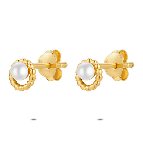 18Ct Gold Plated Silver Earrings, Pearl In Twisted Ring
