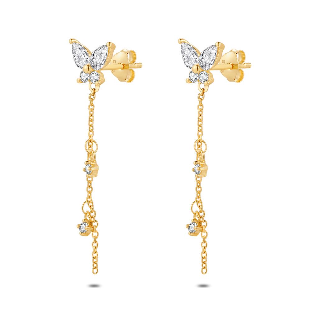 18Ct Gold Plated Silver Earrings, Butterfly On Chain, Zirconia,