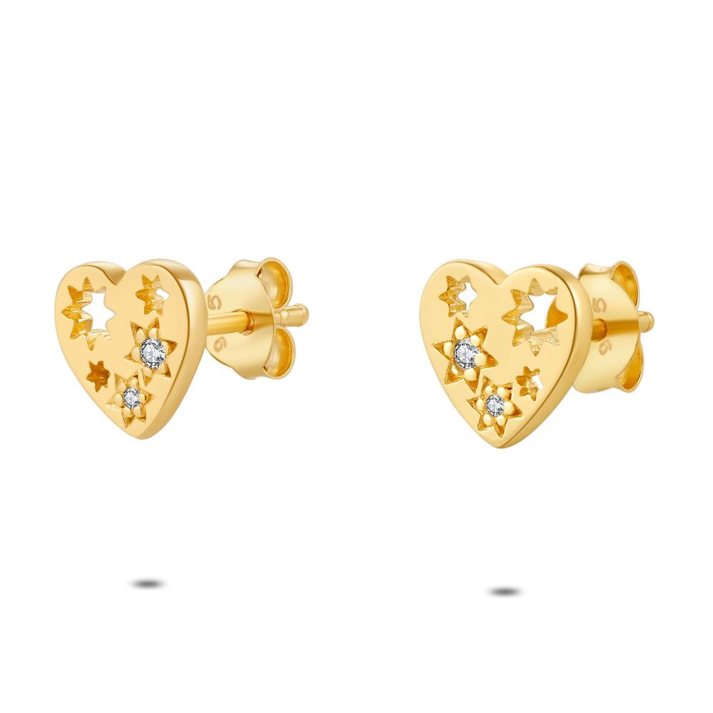 18Ct Gold Plated Silver Earrings, Gold-Coloured, Heart With Stars, Zirconia