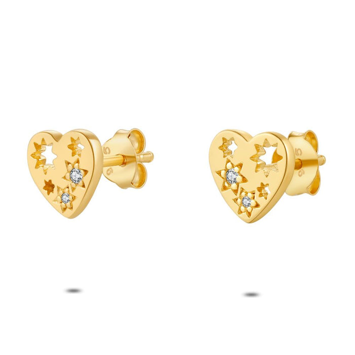 18Ct Gold Plated Silver Earrings, Gold-Coloured, Heart With Stars, Zirconia