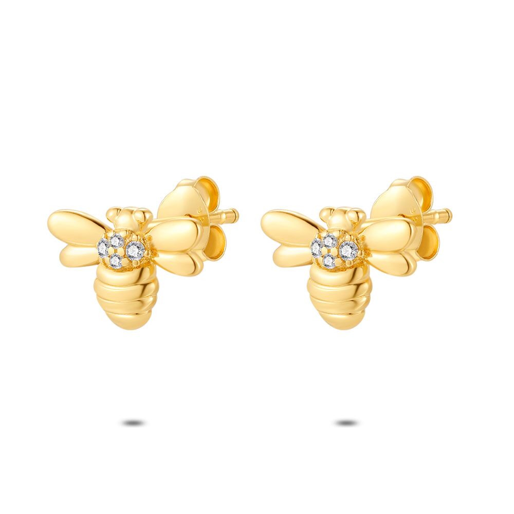 18Ct Gold Plated Silver Earrings, Bee, Zirconia