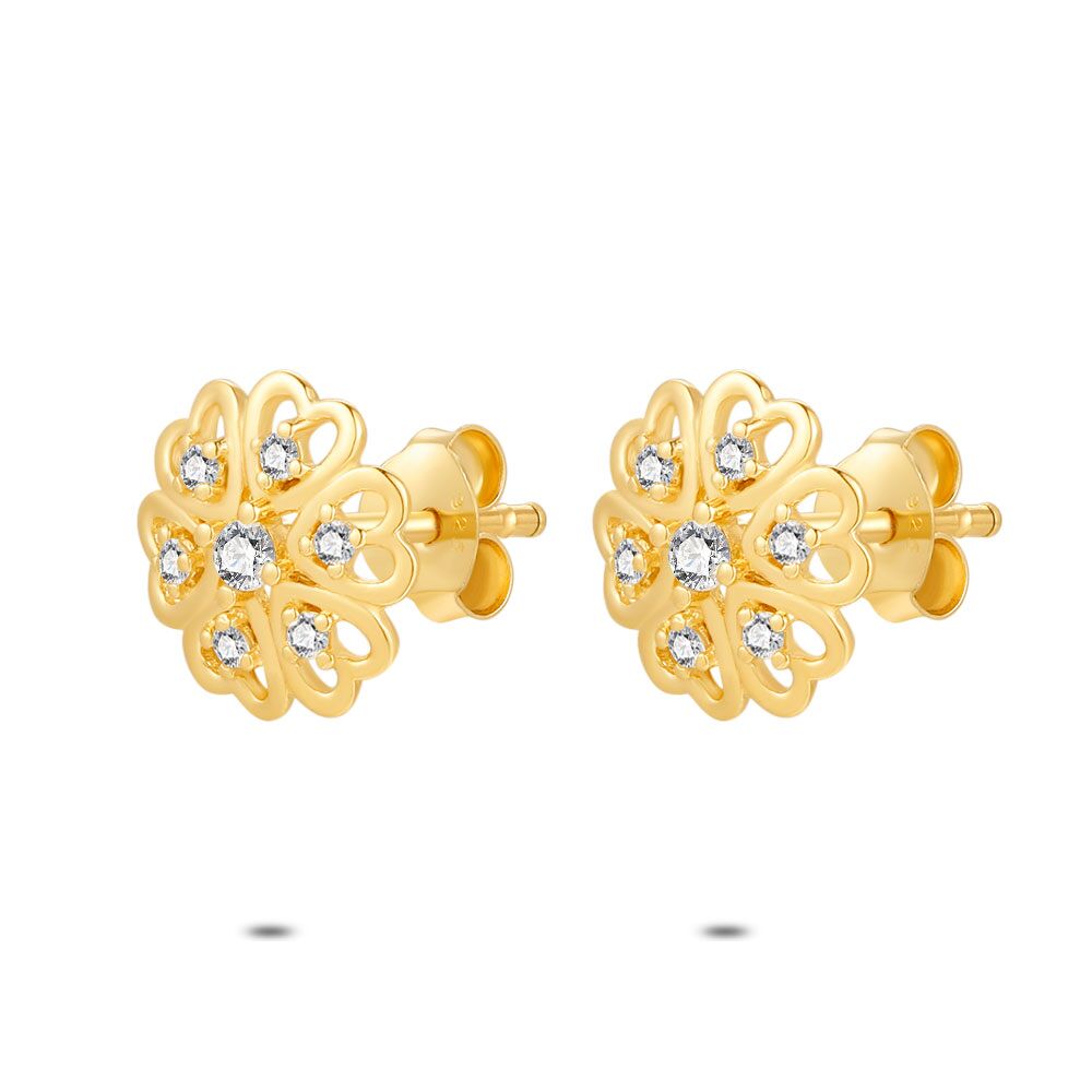 18Ct Gold Plated Silver Earrings, Flower With Tiny Hearts, Zirconia