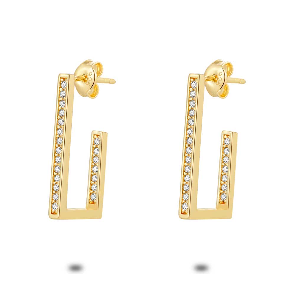18Ct Gold Plated Silver Earrings, Open Rectangle With Zirconia