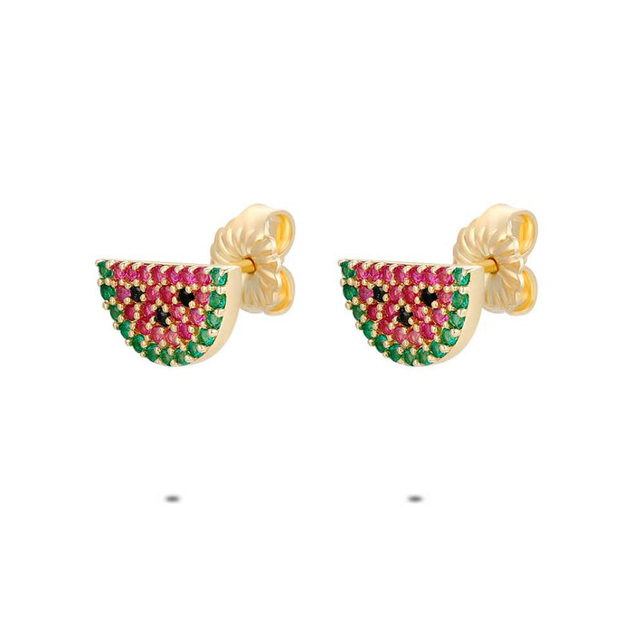 18Ct Gold Plated Silver Earrings, Watermelon, Multicolored Zirconia
