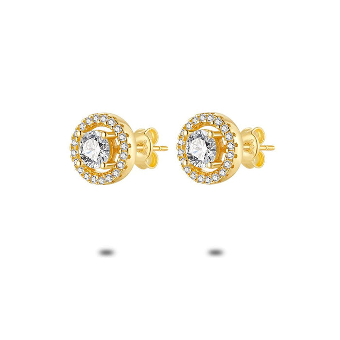 18Ct Gold Plated Silver Earrings, Round Zirconia, Small Zirconia