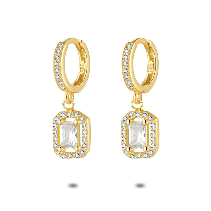 18Ct Gold Plated Silver Earrings, Hoop Earrings With Zirconia, Emerald Cut Zirconia