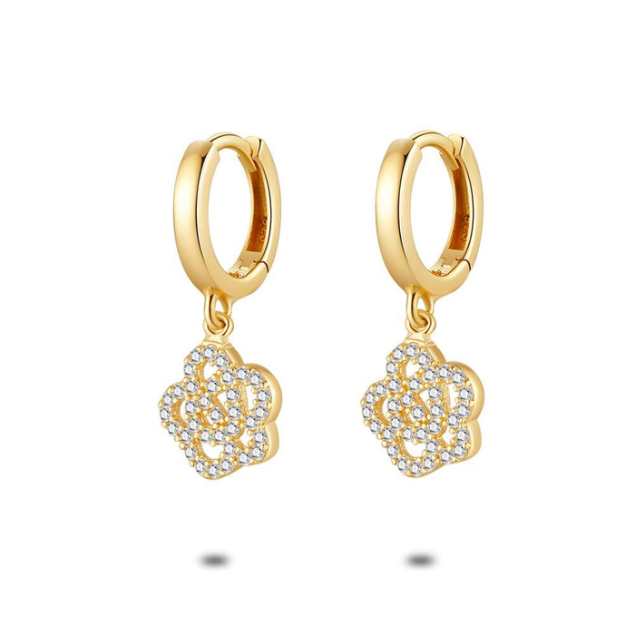 18Ct Gold Plated Silver Earrings, Hoop Earrings, Flower With Zirconia
