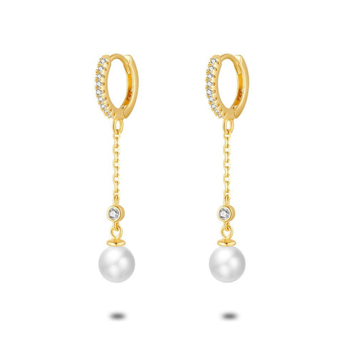 18Ct Gold Plated Silver Earrings, Hoop Earring With Zirconia, Pearl On Chain