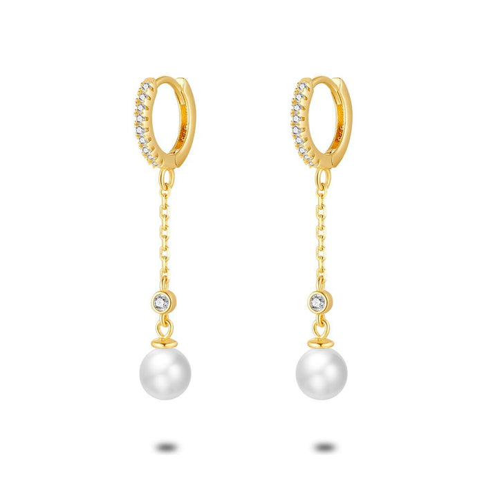 18Ct Gold Plated Silver Earrings, Hoop Earring With Zirconia, Pearl On Chain