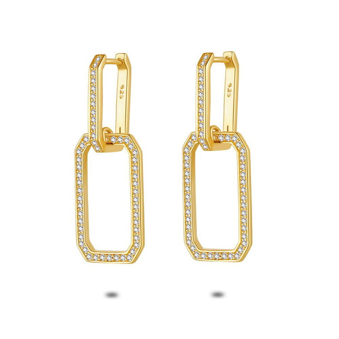 18Ct Gold Plated Silver Earrings, 2 Open Rectangles, Zirconia