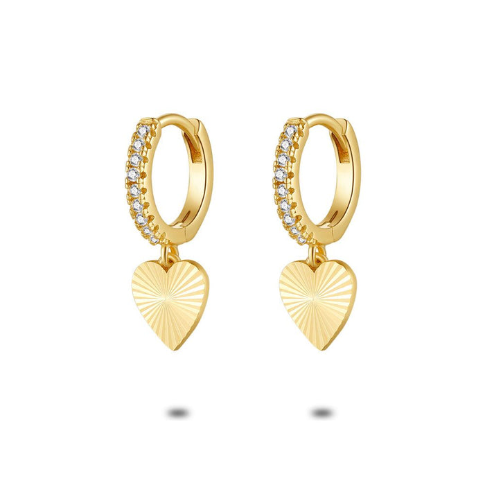 18Ct Gold Plated Silver Earrings, Hoop Earring With Zirkonia, Heart