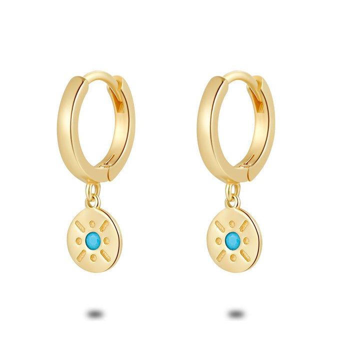 18Ct Gold Plated Silver Earrings, Hoop Earrings, Round With Turquoise Stone