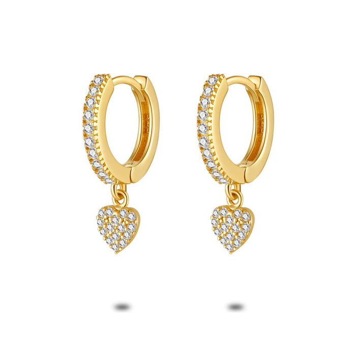 18Ct Gold Plated Silver Earrings, Hoop Earrings With Zirconia, Heart With Zirconia