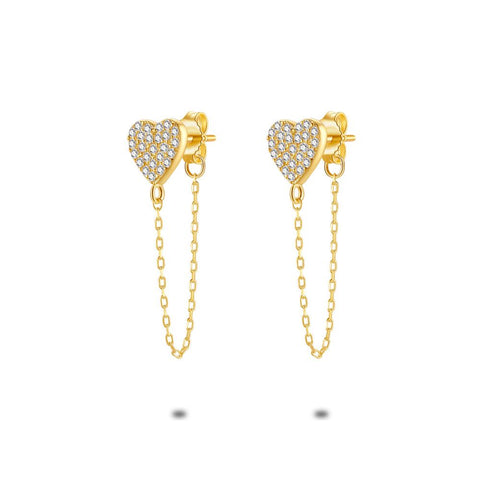 18Ct Gold Plated Silver Earrings, Heart With Zirconia, On Chain