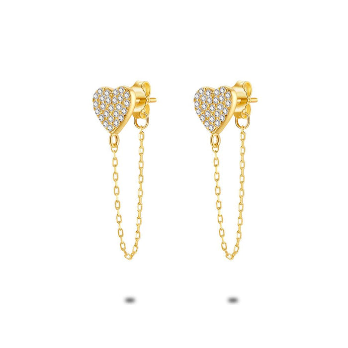 18Ct Gold Plated Silver Earrings, Heart With Zirconia, On Chain