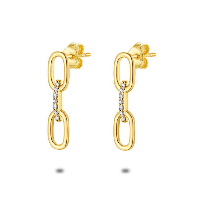 18Ct Gold Plated Silver Earrings, 2 Open Ovals, Bar With Zirconia