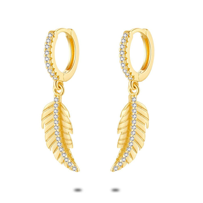 18Ct Gold Plated Silver Earrings, Hoop Earrings With Feather, Zirconia