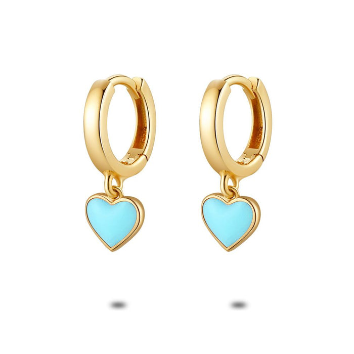 18Ct Gold Plated Silver Earrings, Hoop Earrings, Blue Enamel Heart