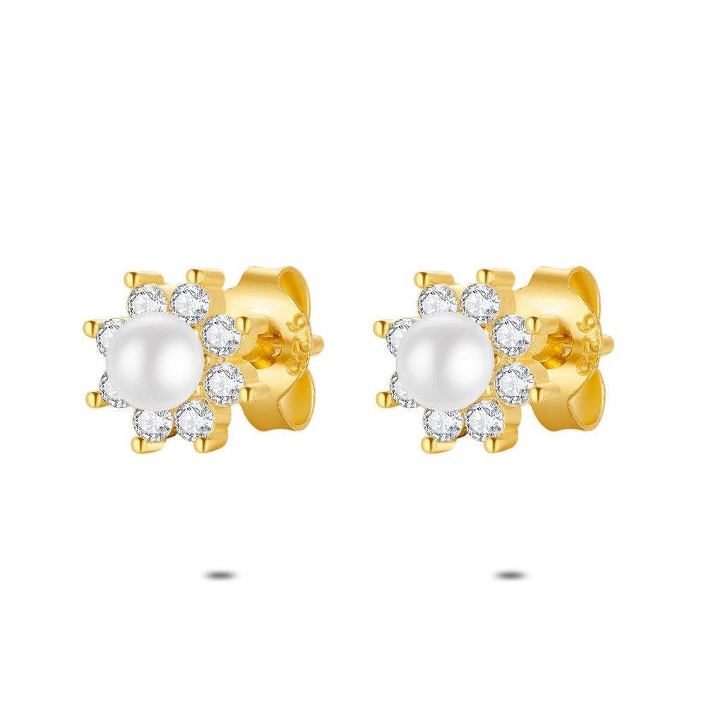 18Ct Gold Plated Silver Earrings, Flower, Gold-Coloured, 1 Pearl + Zirconia