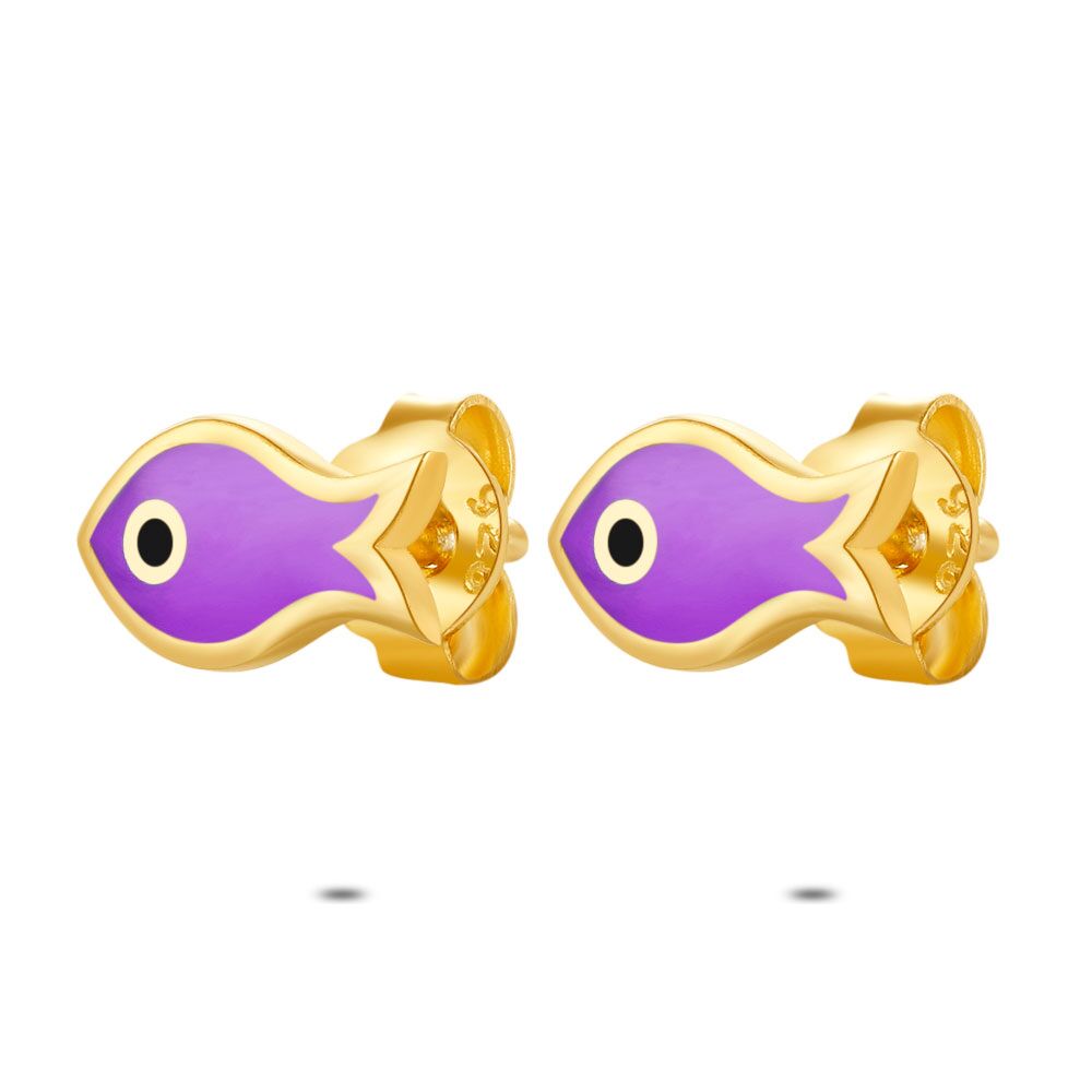 18Ct Gold Plated Silver Earrings, Purple Fish