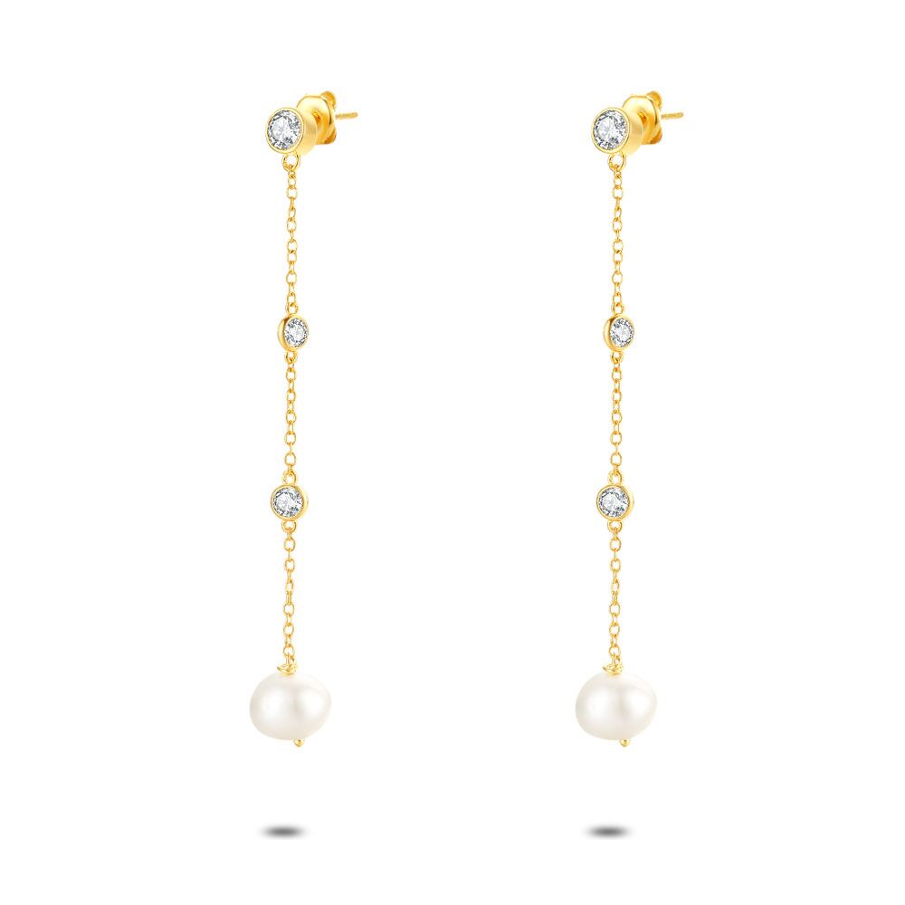 18Ct Gold Plated Silver Earrings, 1 Pearl And 3 Zirconias On A Chain