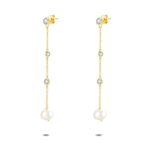 18Ct Gold Plated Silver Earrings, 1 Pearl And 3 Zirconias On A Chain