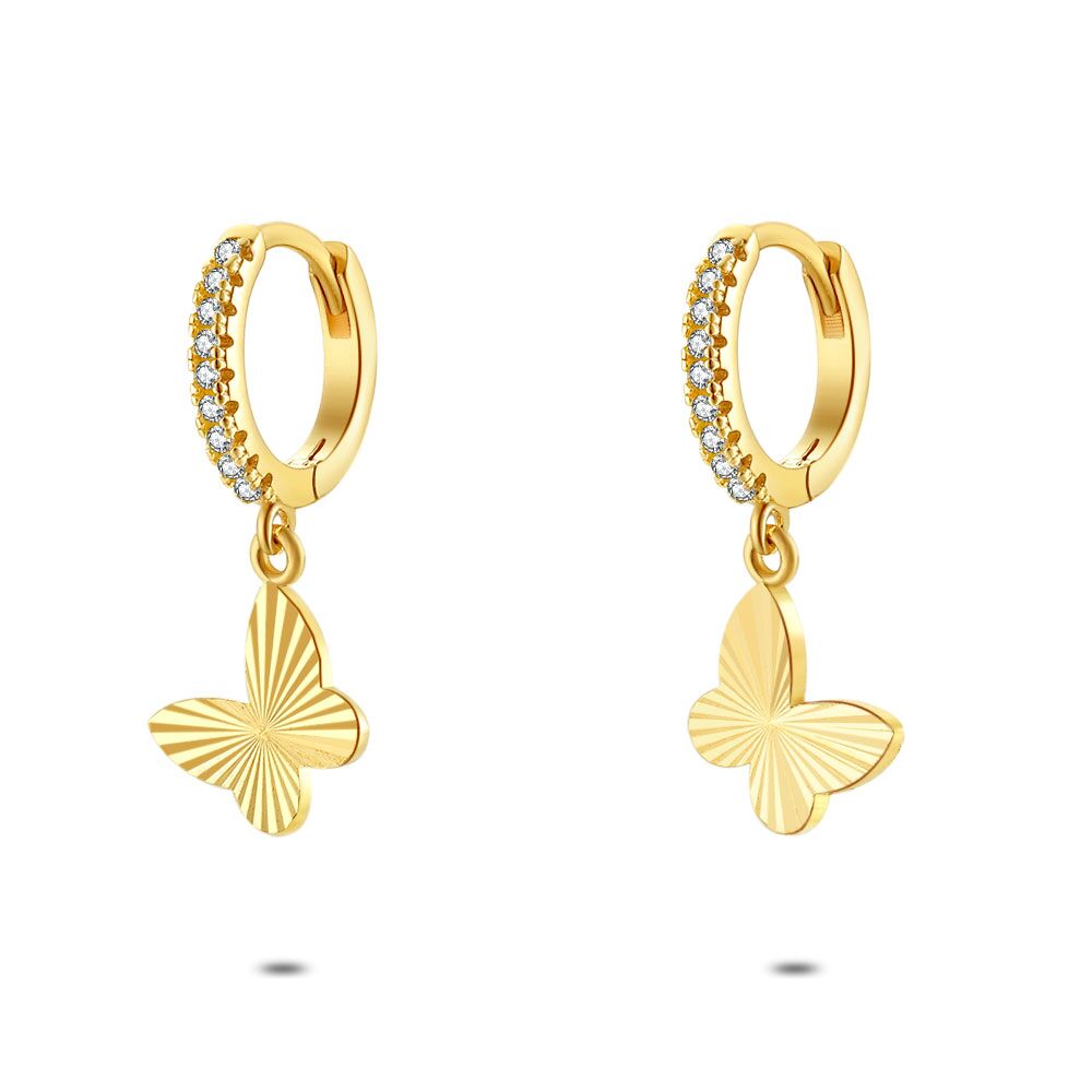 18Ct Gold Plated Silver Earrings, Hoop, Chiseled Butterfly, Zirconia