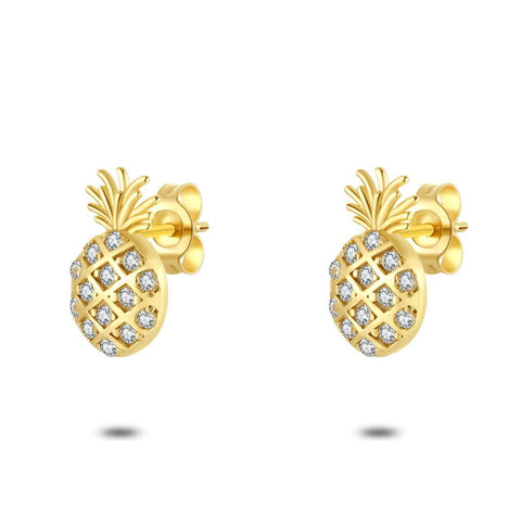 18Ct Gold Plated Silver Earrings, Pineappel, Zirconia