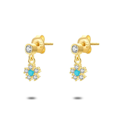 18Ct Gold Plated Silver Earrings, Flower, White And Turquoise Zirconia