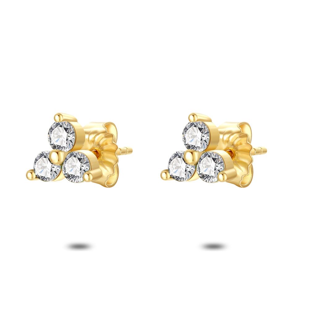 18Ct Gold Plated Silver Earrings, 3 Round Zirconias, White