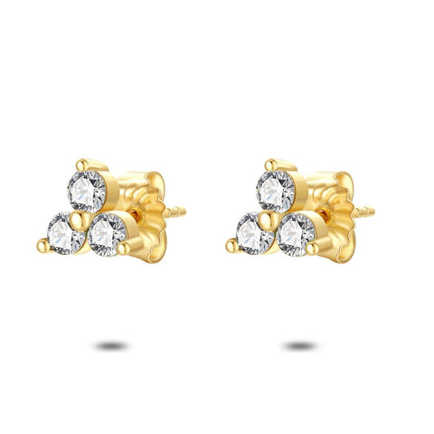 18Ct Gold Plated Silver Earrings, 3 Round Zirconias, White