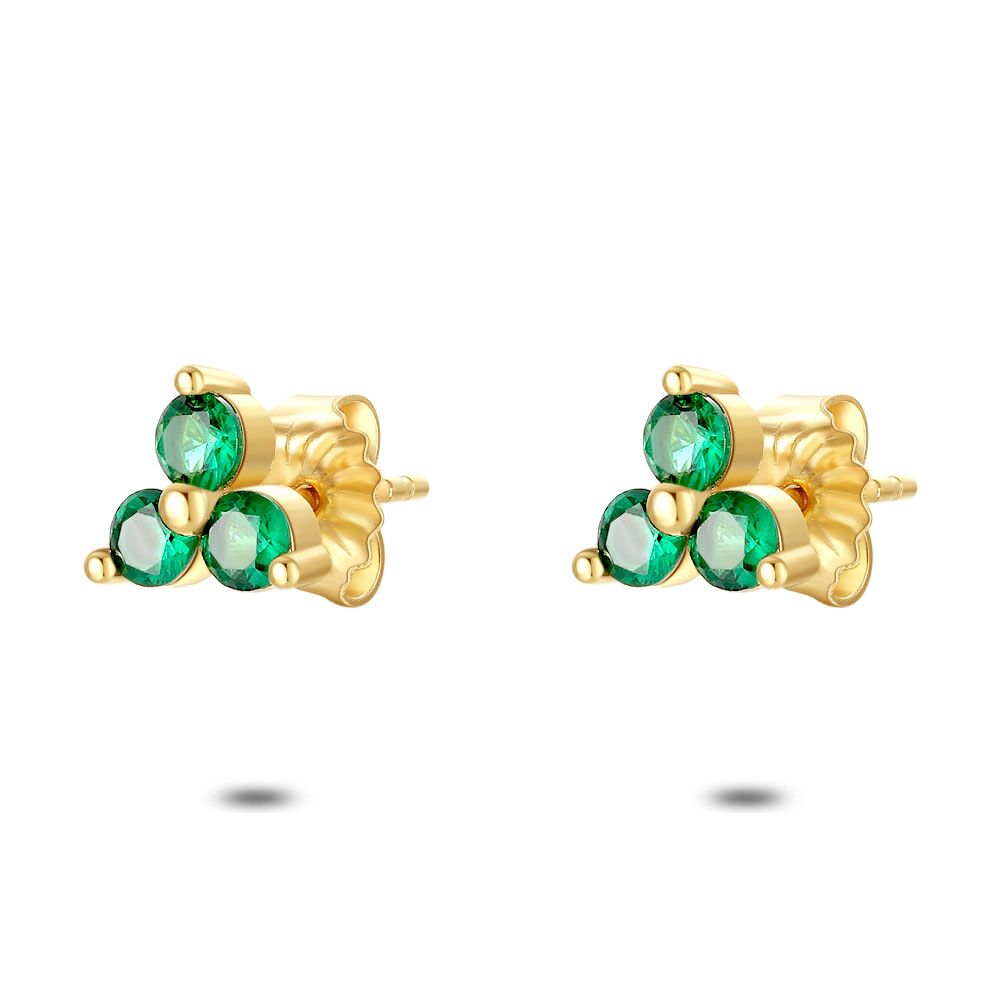 18Ct Gold Plated Silver Earrings, 3 Round Zirconia, Green