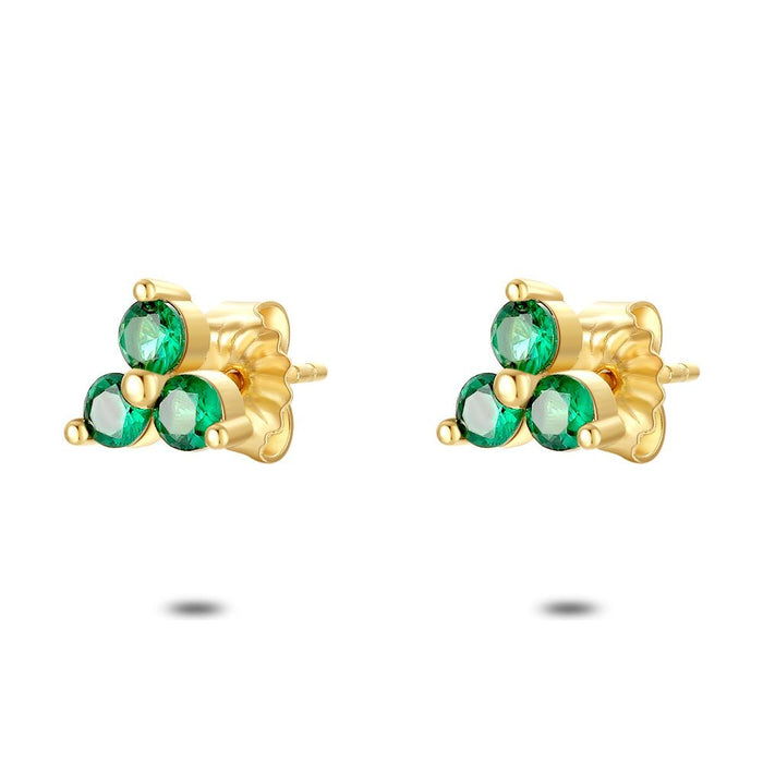 18Ct Gold Plated Silver Earrings, 3 Round Zirconia, Green