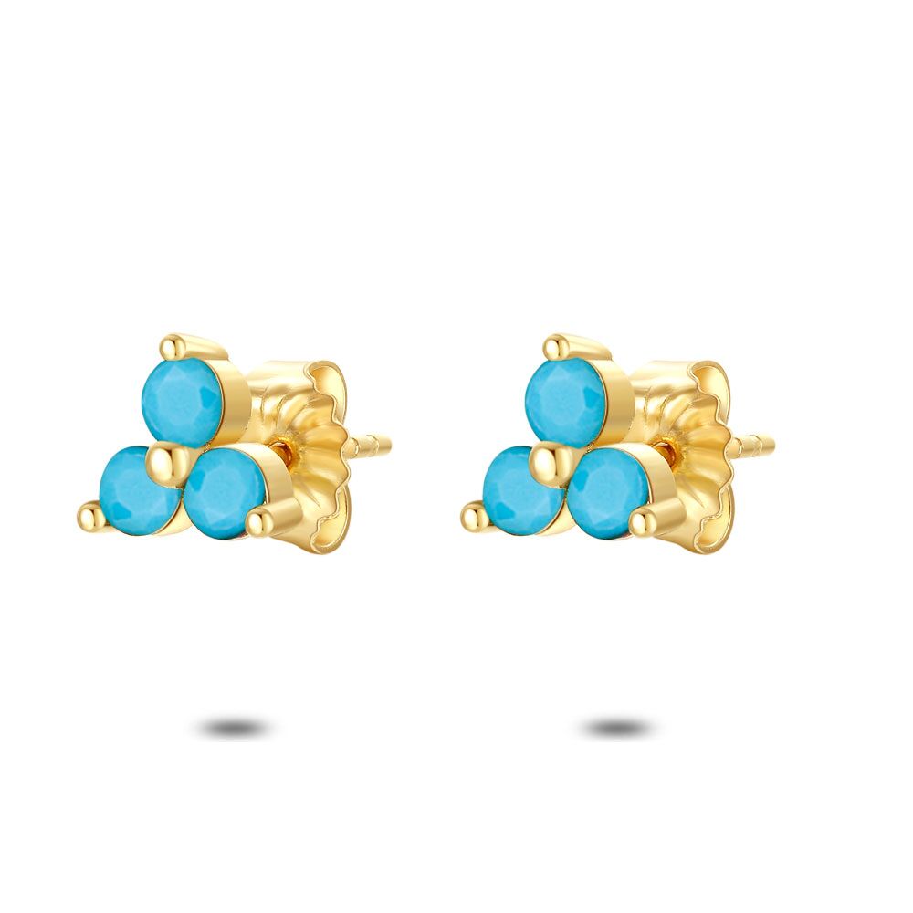 18Ct Gold Plated Silver Earrings, 3 Round Zirconia, Turquoise
