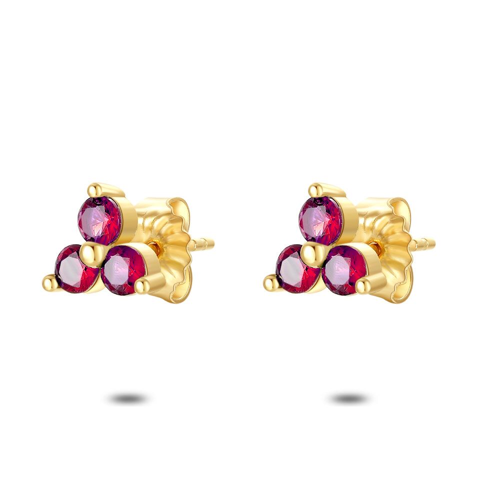 18Ct Gold Plated Silver Earrings, 3 Round Zirconia, Fuchsia