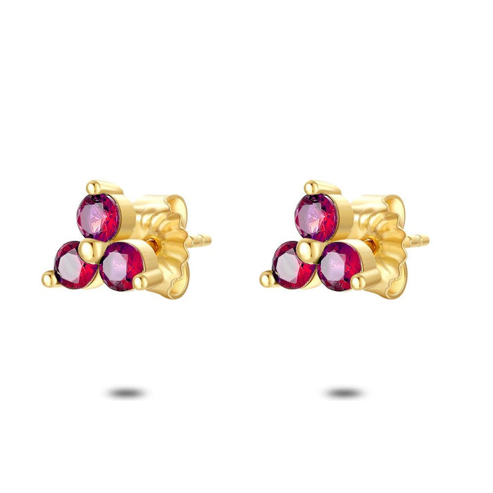 18Ct Gold Plated Silver Earrings, 3 Round Zirconia, Fuchsia