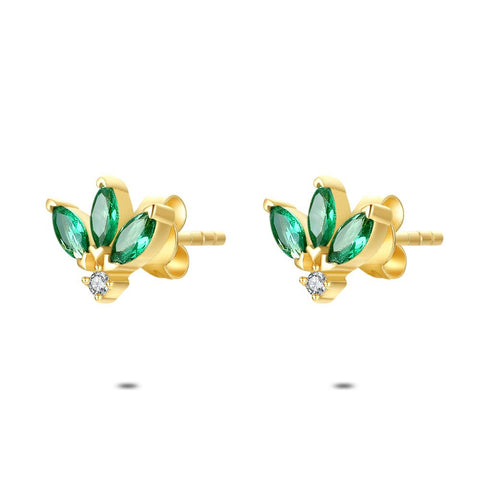 18Ct Gold Plated Silver Earrings, 3 Green Elipses, 1 Round White Zirconia