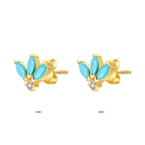 18Ct Gold Plated Silver Earrings, 3 Turquoise Elipses, 1 Round Zirconia