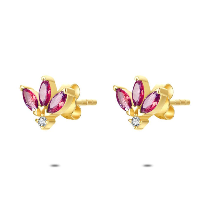 18Ct Gold Plated Silver Earrings, 3 Fuchsia Elipses, 1 Round White Zirconia