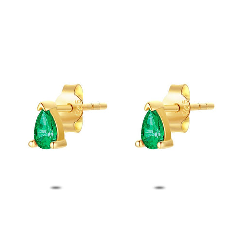 18Ct Gold Plated Silver Earrings, Drop With Green Zirconia