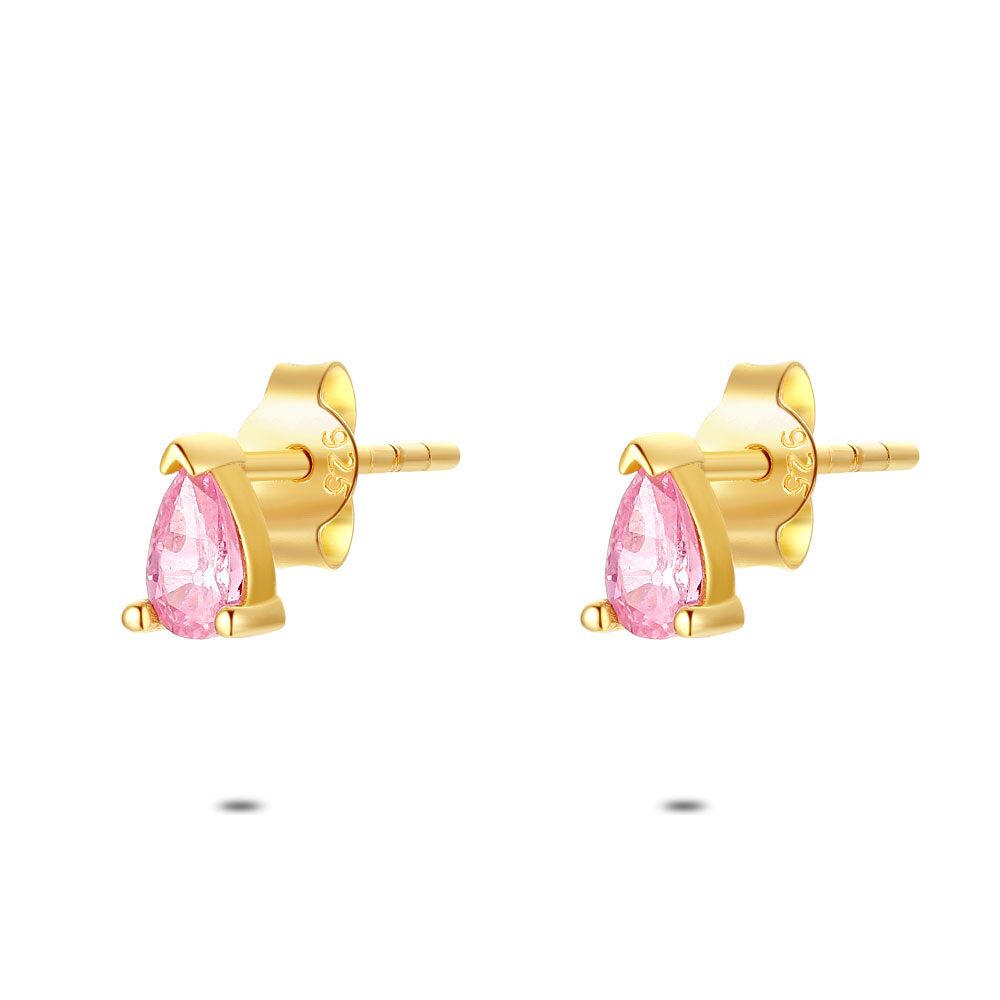 18Ct Gold Plated Silver Earrings, Drop, Pink Zirconia