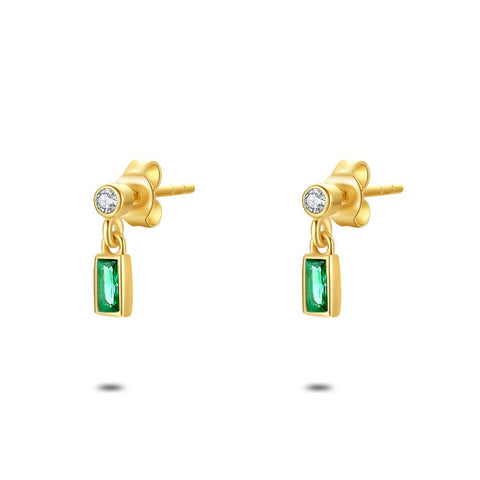 18Ct Gold Plated Silver Earrings, Rectangle In Green Zirconia, 1 Round Zirconia