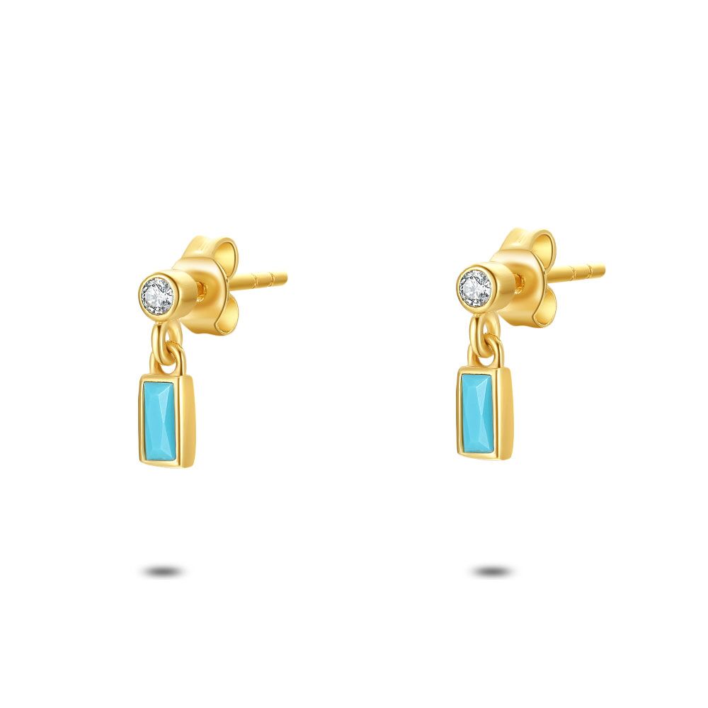 18Ct Gold Plated Silver Earrings, Rectangle In Turquoise Zirconia, 1 Round White Zirconia