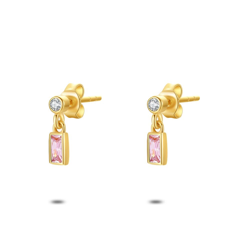 18Ct Gold Plated Silver Earrings, Rectangle In Pink Zirconia