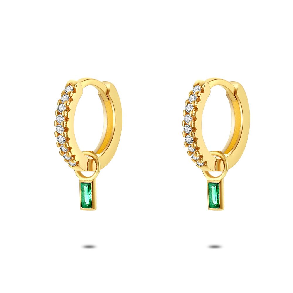 18Ct Gold Plated Silver Earrings, Earring With White Zirconia, Rectangle In Green Zirconia