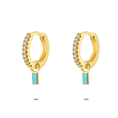 18Ct Gold Plated Silver Earrings, Earring With White Zirconias, Rectangle In Turquoise Zirconia