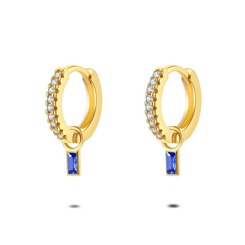 18Ct Gold Plated Silver Earrings, Earring In White Zirconia, Rectangle In Blue Zirconia