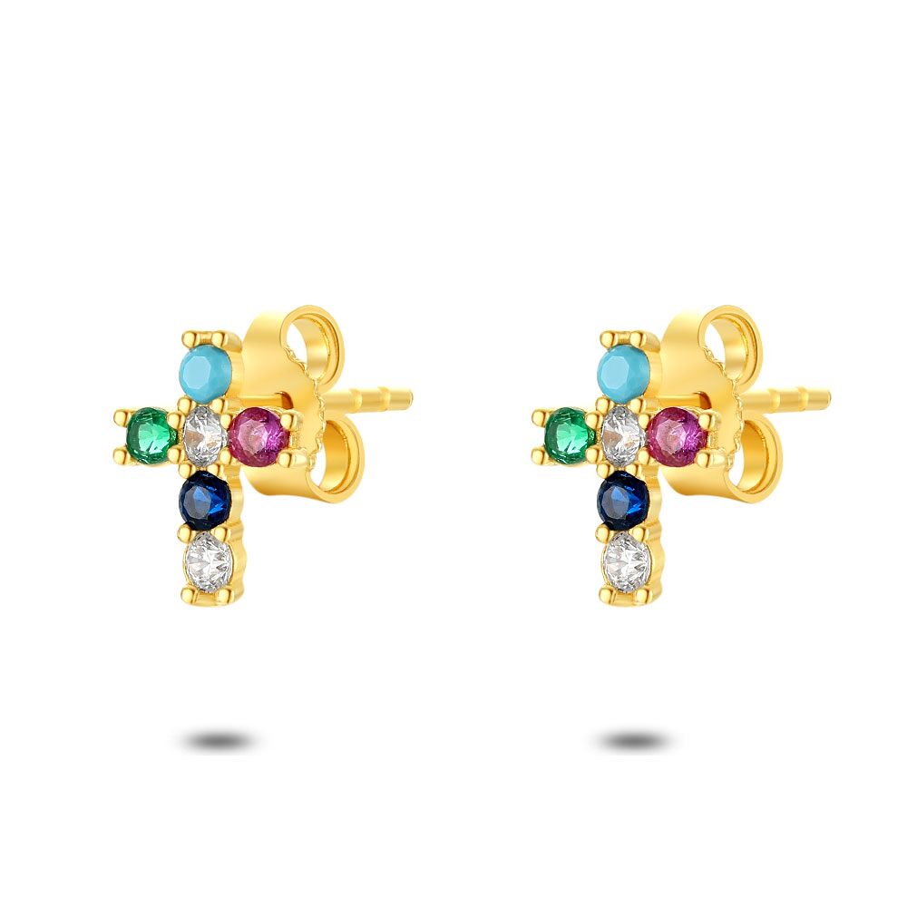 18Ct Gold Plated Silver Earrings, Cross With 6 Multi-Colored Zirconias